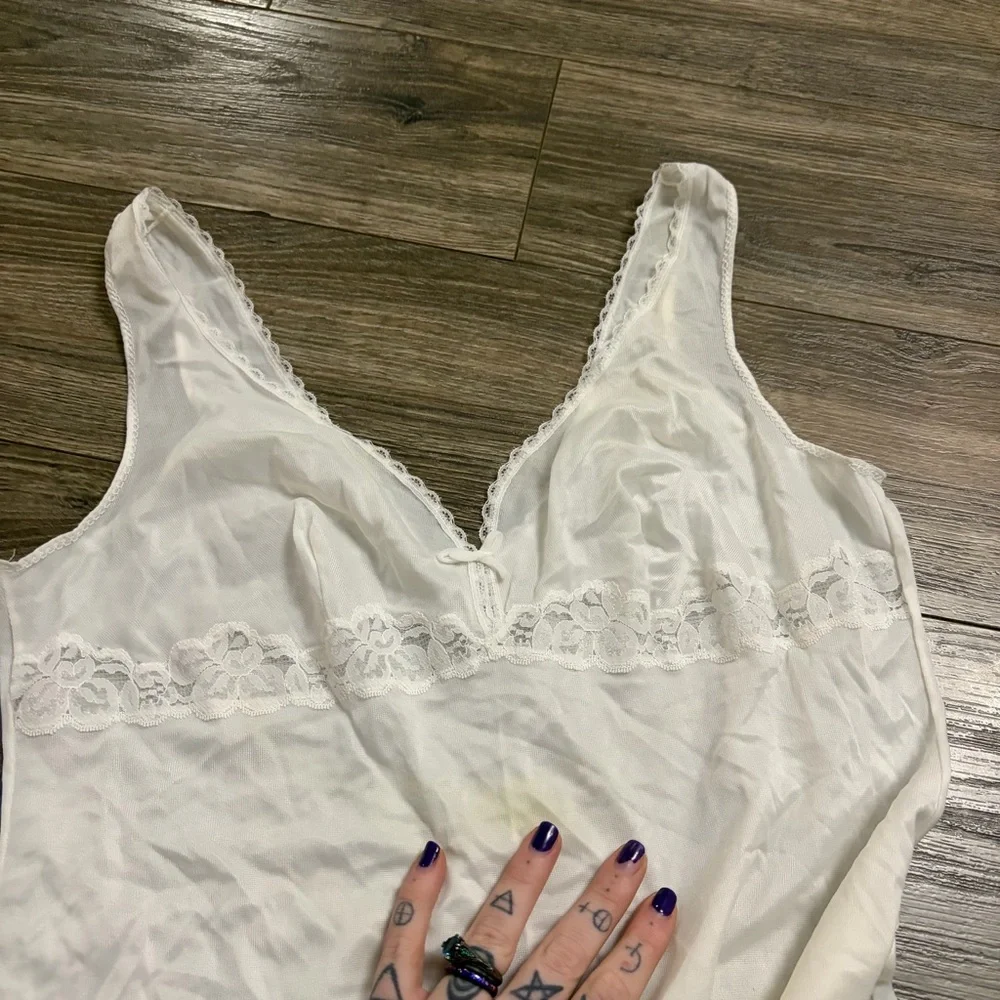 70s European Vintage Simone Sheer Lace Trim Midi Slip Dress (Ivory) Size XL